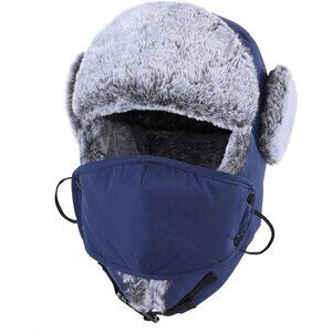 Faux Fur Lined Winter Trapper Hat with Face Mask for Men Women Cold Outdoor Use